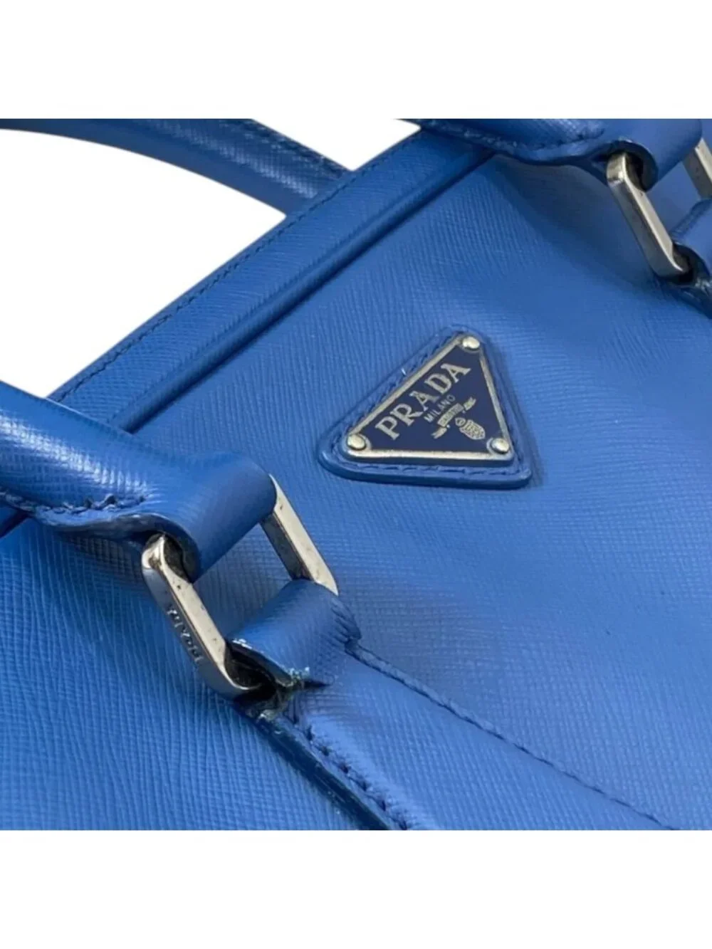 Prada Business Briefcase Handbag Triangle Logo Saffiano Leather Blue Document